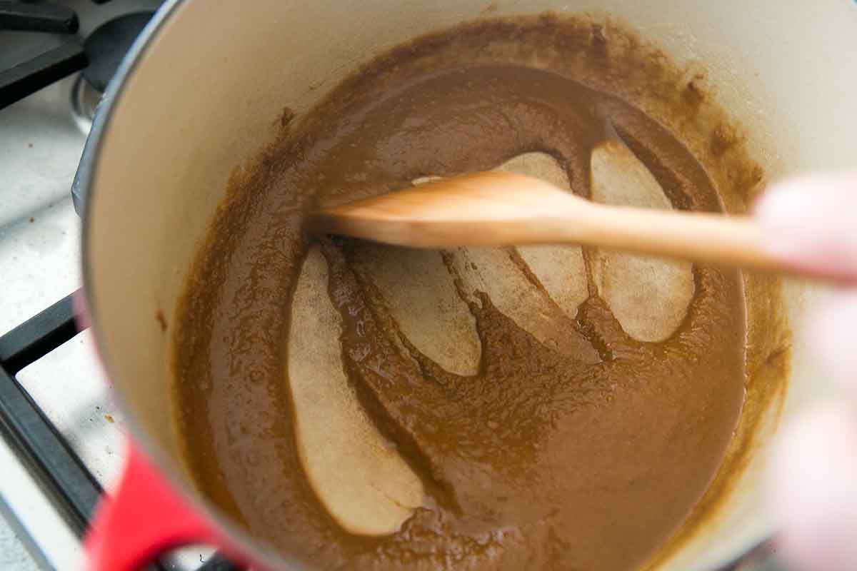 When done cooking, the roux for shrimp gumbo will be a dark copper color and quite thick