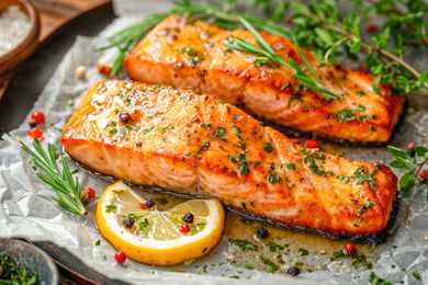 Cooked salmon fillets on parchment paper