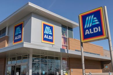 Exterior of an Aldi store with signage