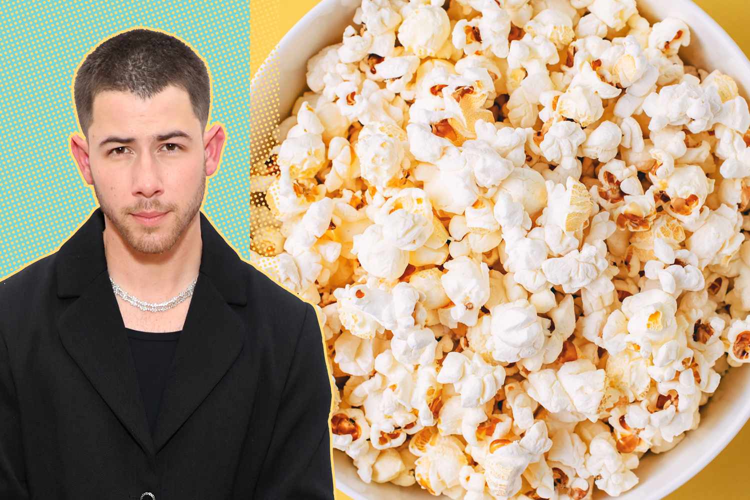 Nick Jonas next to a bowl full of popcorn