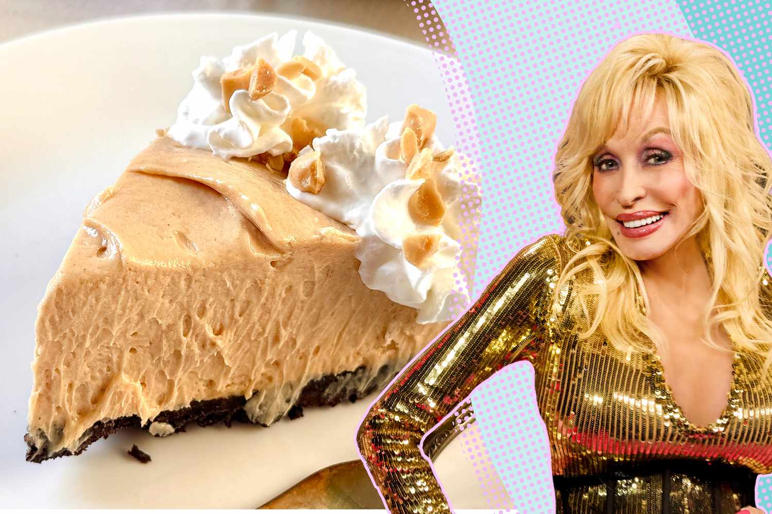 portrait of Dolly Parton next to a slice of Peanut Butter Pie