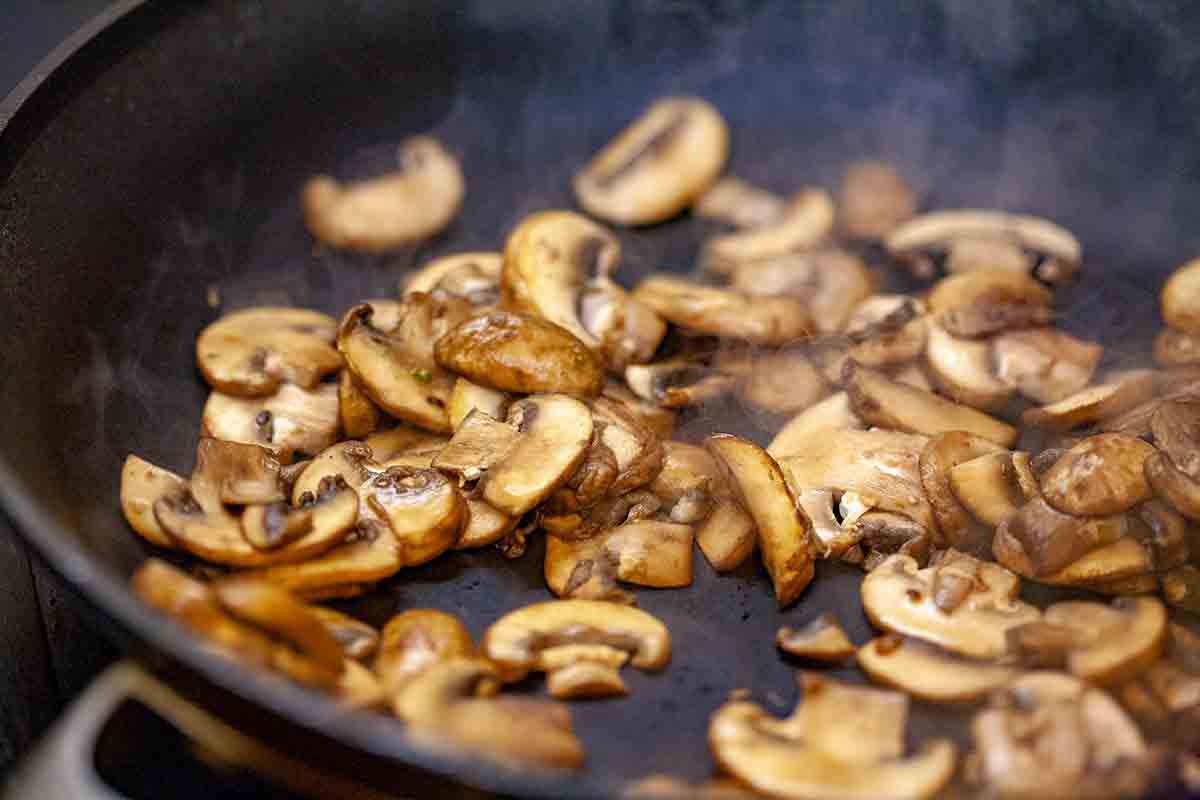 Sautéing Mushrooms in skillet for Chicken and Rice Casserole