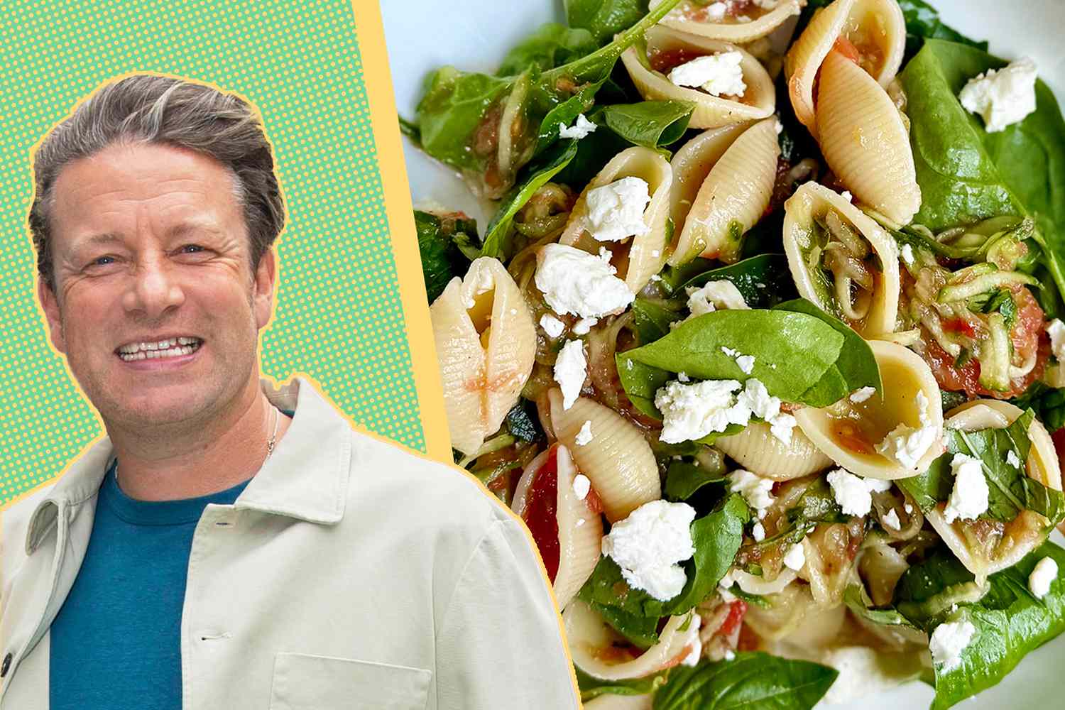 A split image of Jamie Oliver and a plate of pasta salad