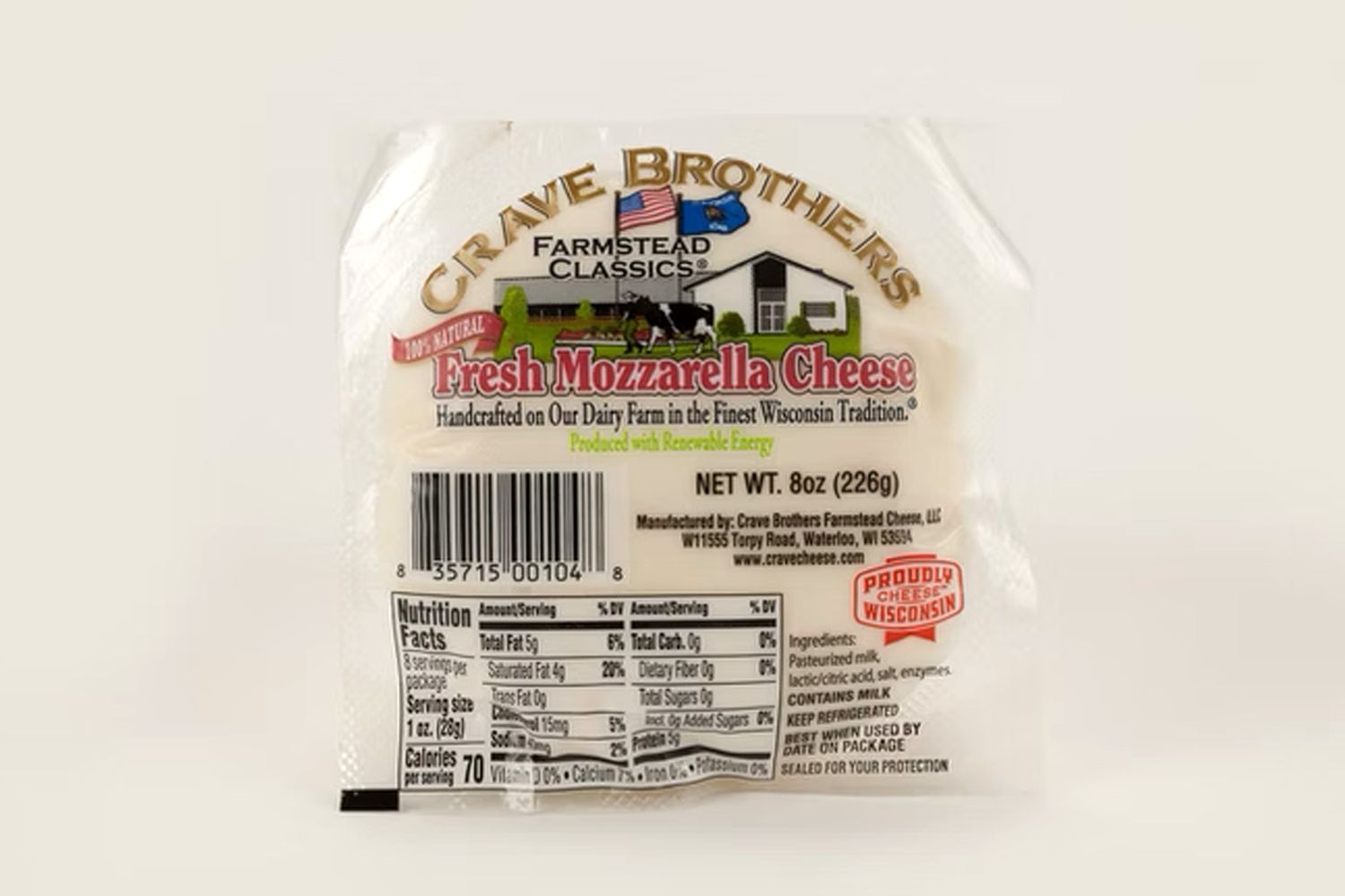 Package of Crave Brothers mozzarella cheese, showing its label and details