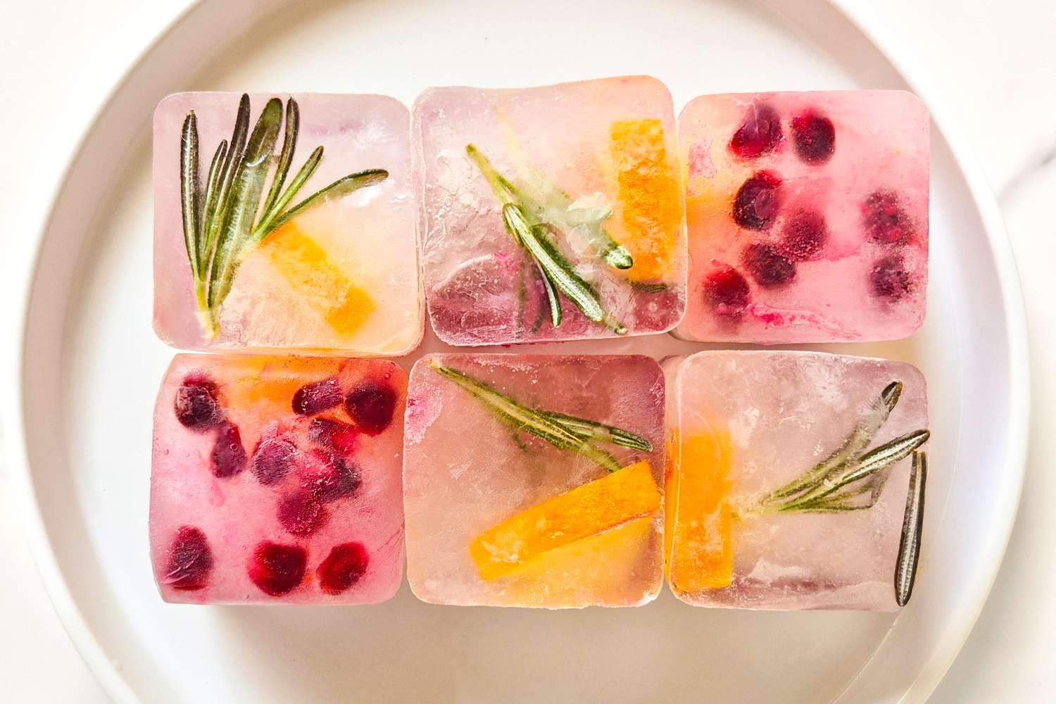 Six ice cubes containing fruits and herbs displayed on a white plate