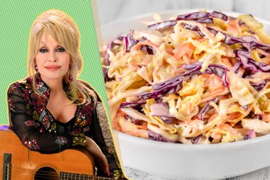 Dolly Parton cut out over a green background and a bowl of cole-slaw