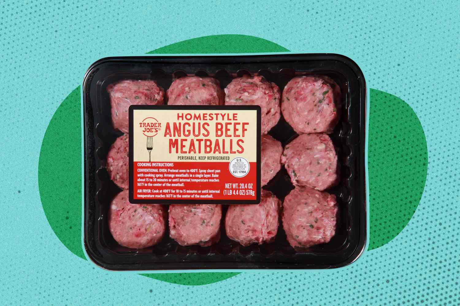 A package of Trader Joe's meatballs on an illustrated background