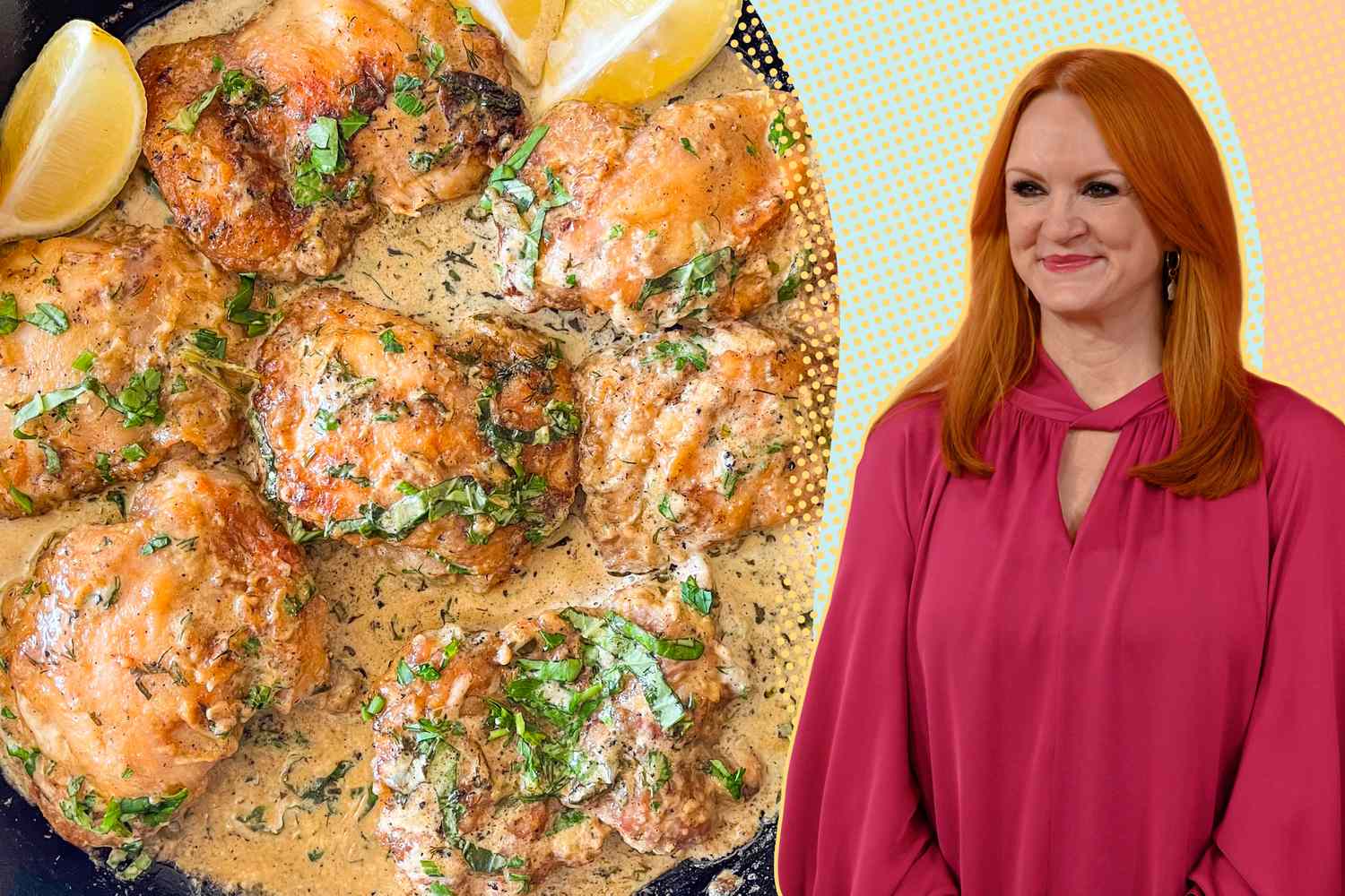 A spit image of a dish of lemon herb chicken and Ree Drummond