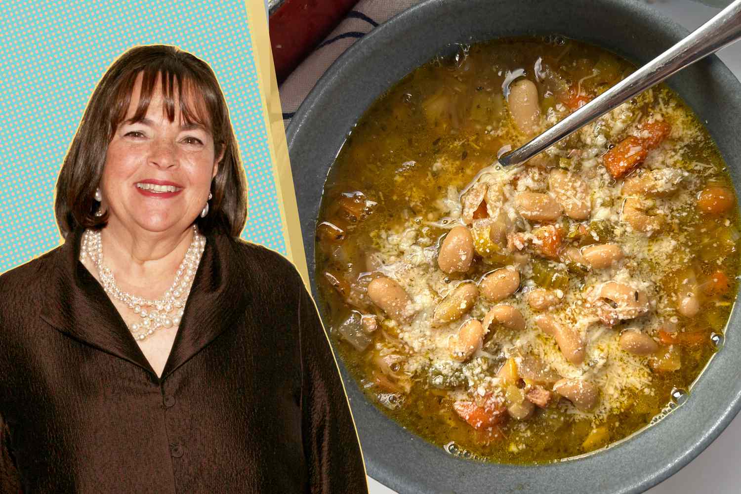 Ina Garten headshot next to a bowl of bean soup