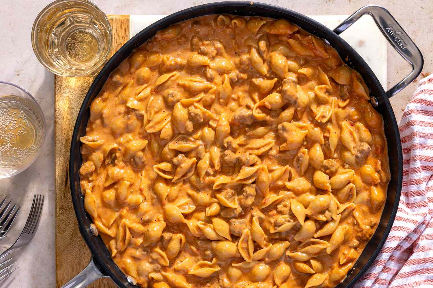 A top view of a skillet with the Cheesy Hamburger Skillet Recipe