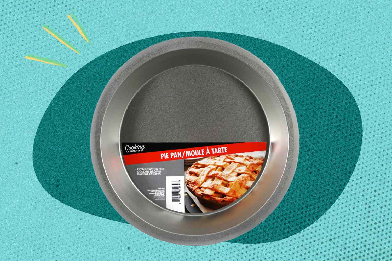 A pie pan with packaging showing a baked pie overlayed on a blue background