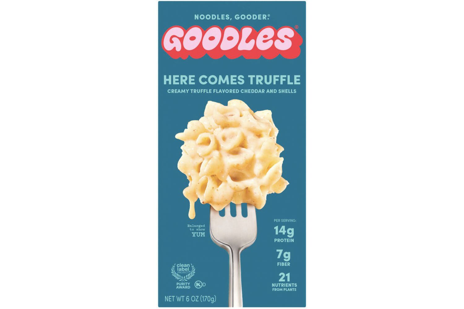 Goodles Here Comes Truffle macaroni and cheese box showing a forkful of pasta