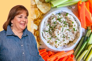 A split image of Ina Garten and a bowl of onion dip surrounded by crudité