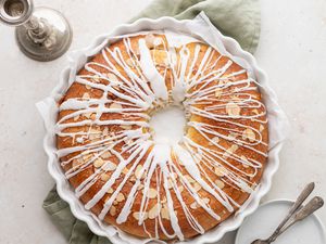 Overhead view of kringle topped with icing.