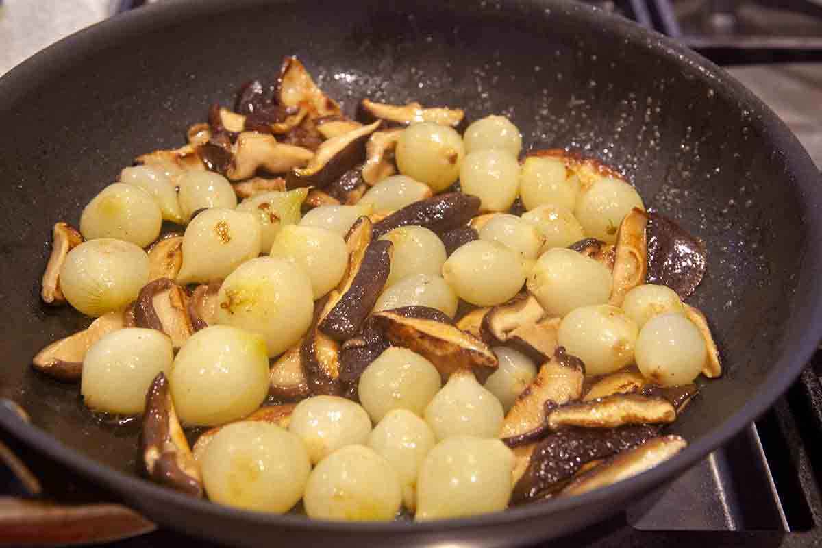 cook mushrooms and onions for beef bourguignon