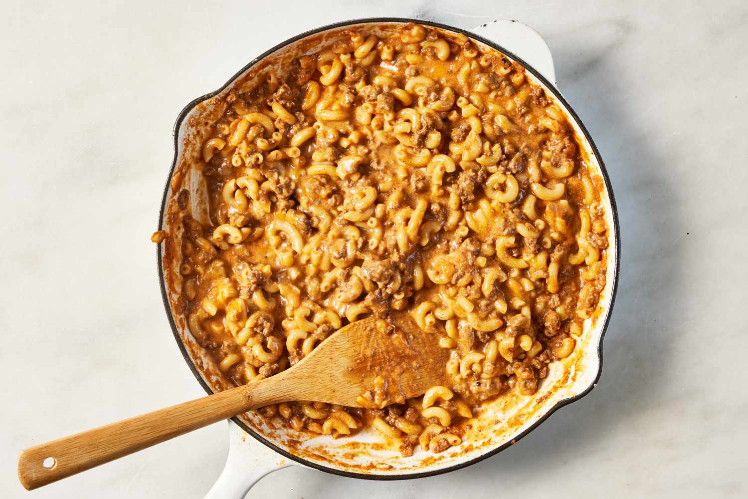 hamburger helper in a skillet after cheese is added 