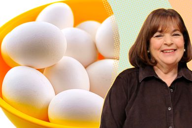 A split image of a bowl of eggs and Ina Garten
