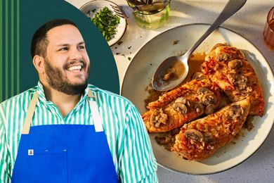 Portrait of Dan Pelosi alongside a platter of chicken marsala