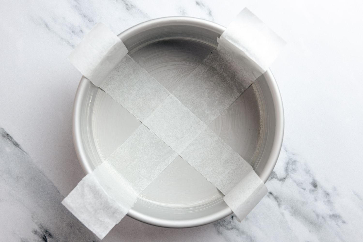 Round Cake Pan, Buttered and Covered With Two Thin Sheets of Parchment Paper (Making an X) for Japanese Cheesecake Recipe