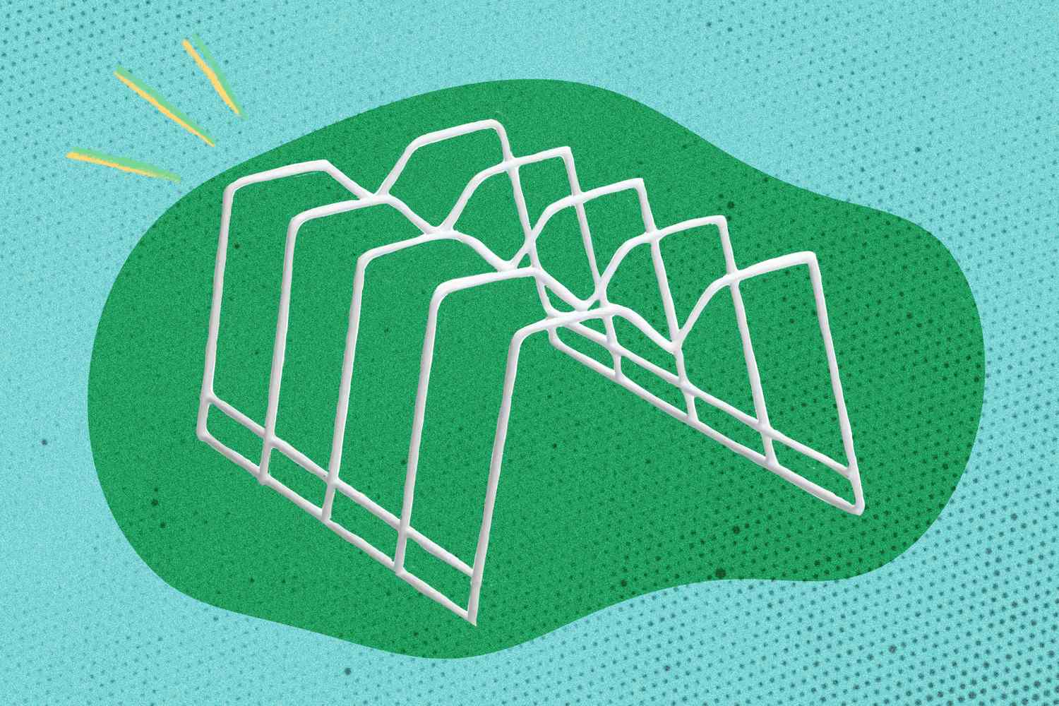 A metal dish rack with multiple slots displayed on a stylized green and blue background
