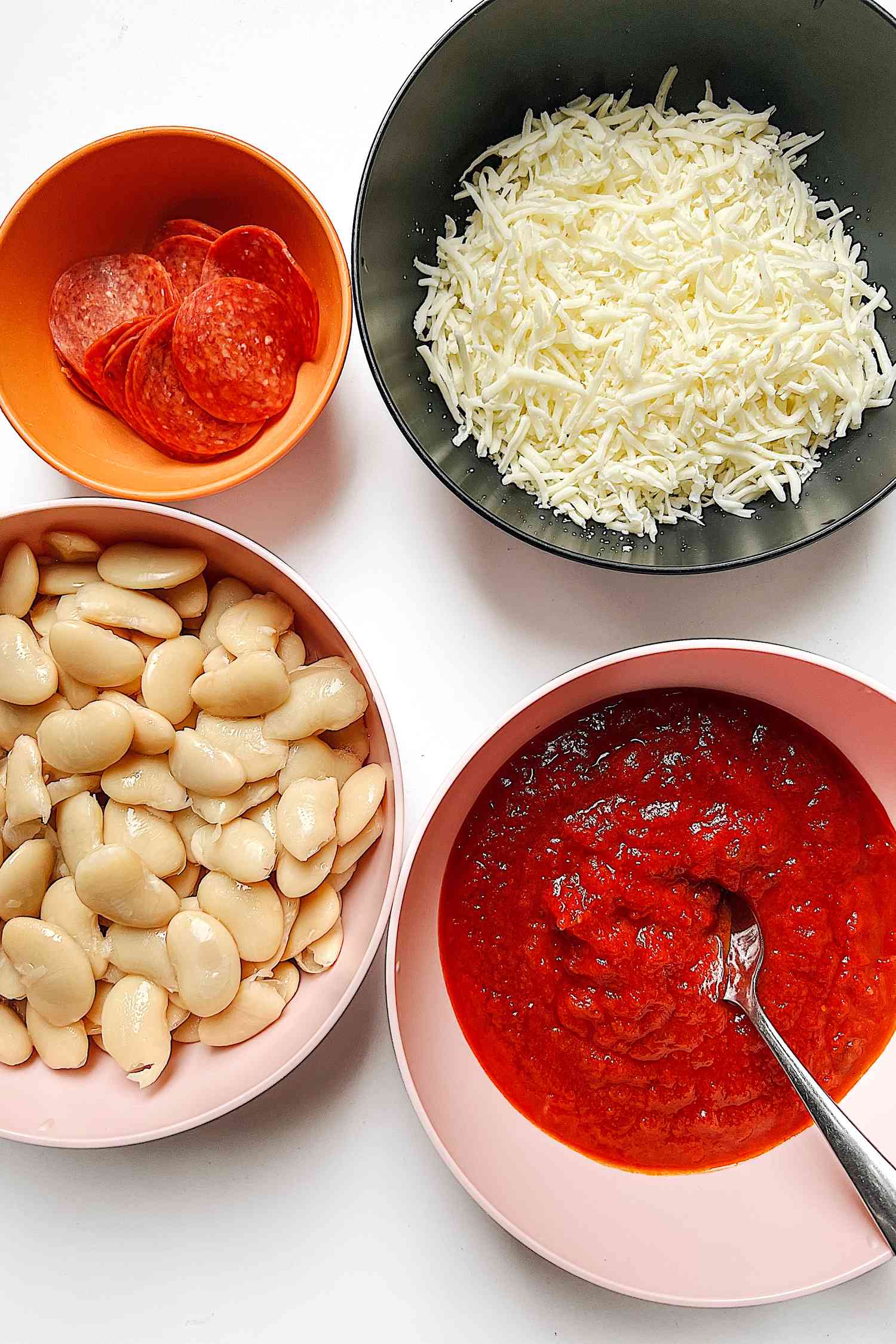 Beans, cheese, marinara, and pepperoni