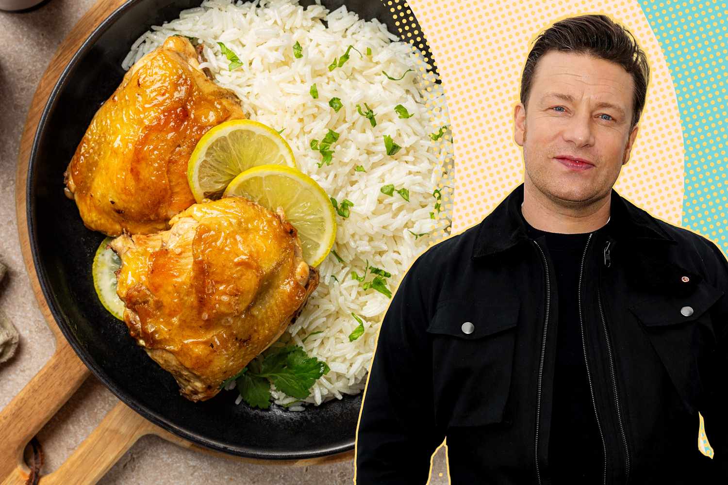 A split image of a plate with baked chicken thighs and rice, and Jamie Oliver