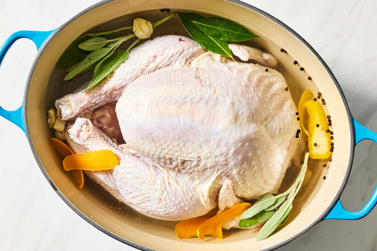 Raw turkey brining in a pot with herbs, garlic, citrus zest, and brine