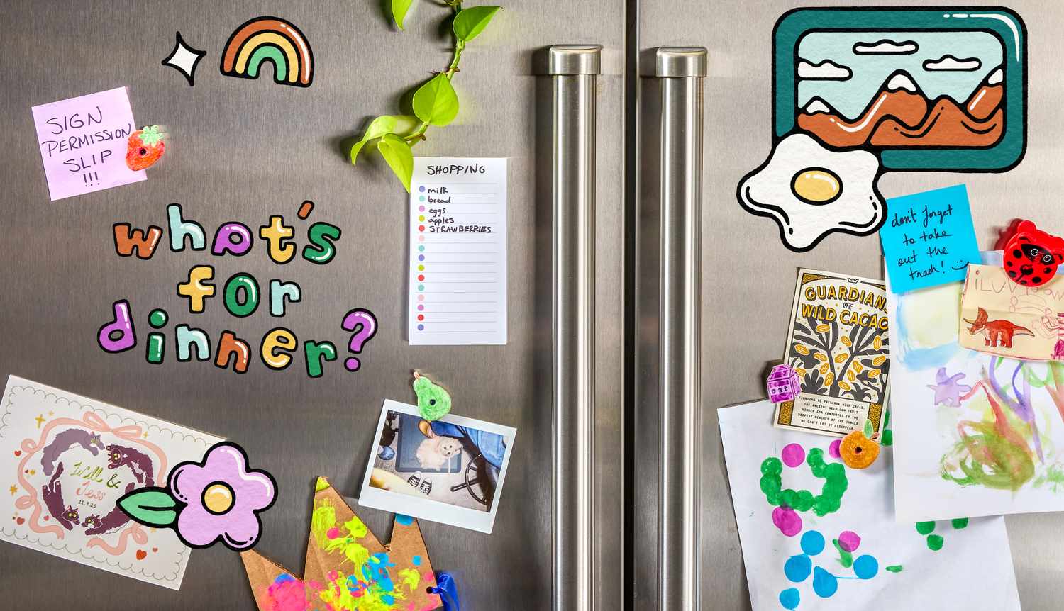 Refrigerator with decorations and notes including a shopping list and childrens artwork