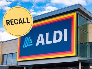 ALDI storefront with a recall sign overlaid