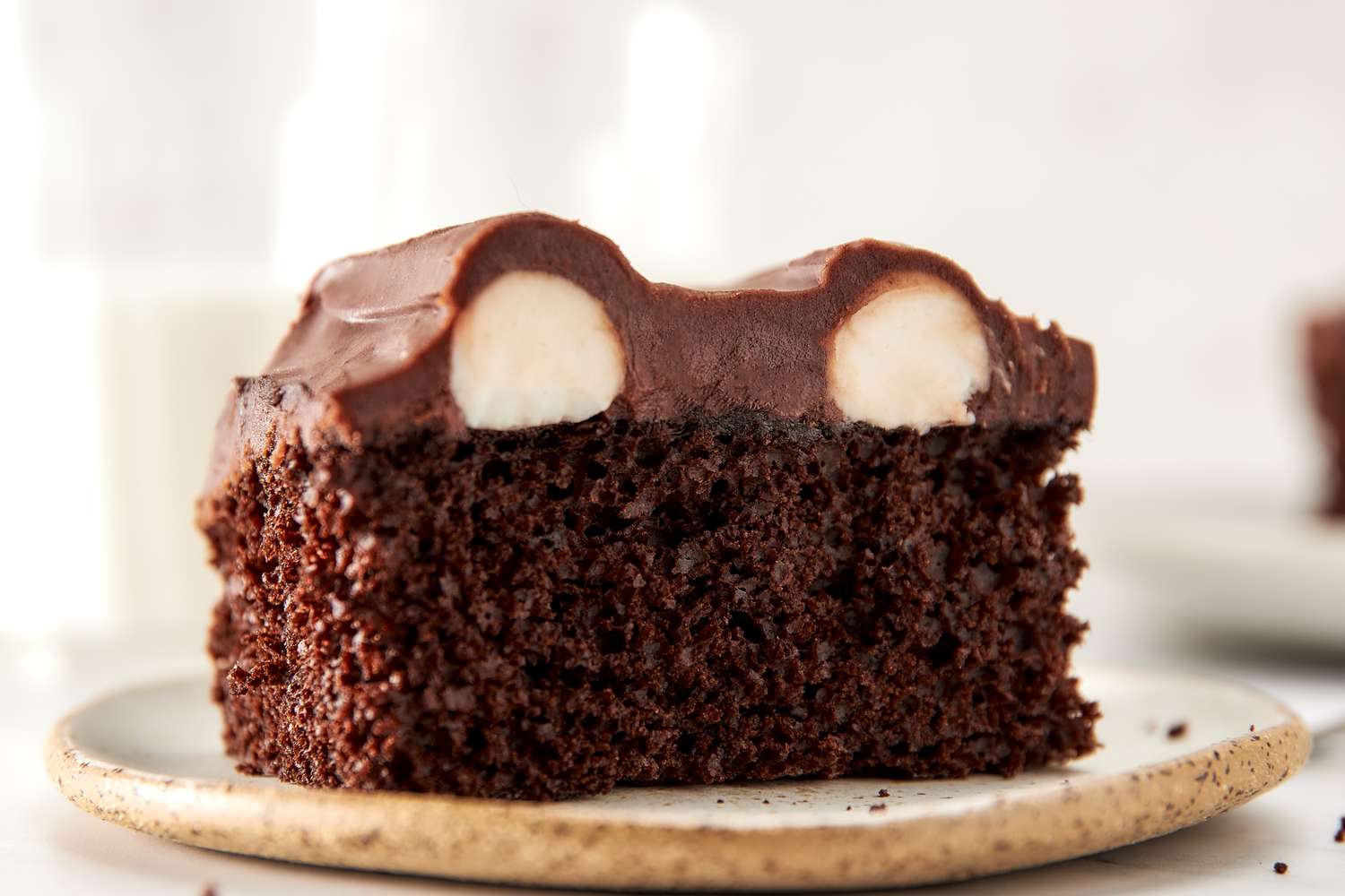 Bumpy cake on a small plate with cross-section facing forward