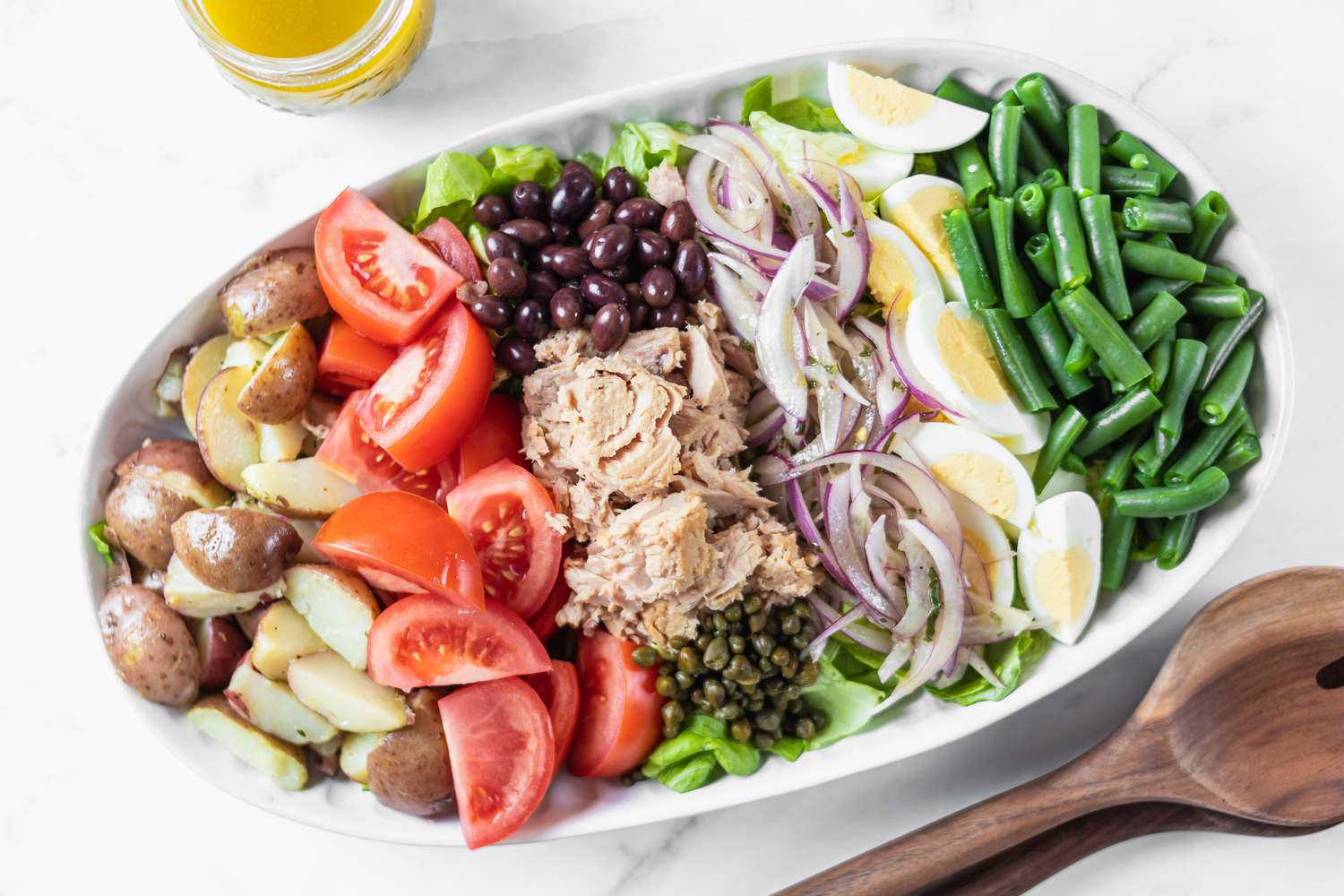 Overhead view of a nicoise salad.