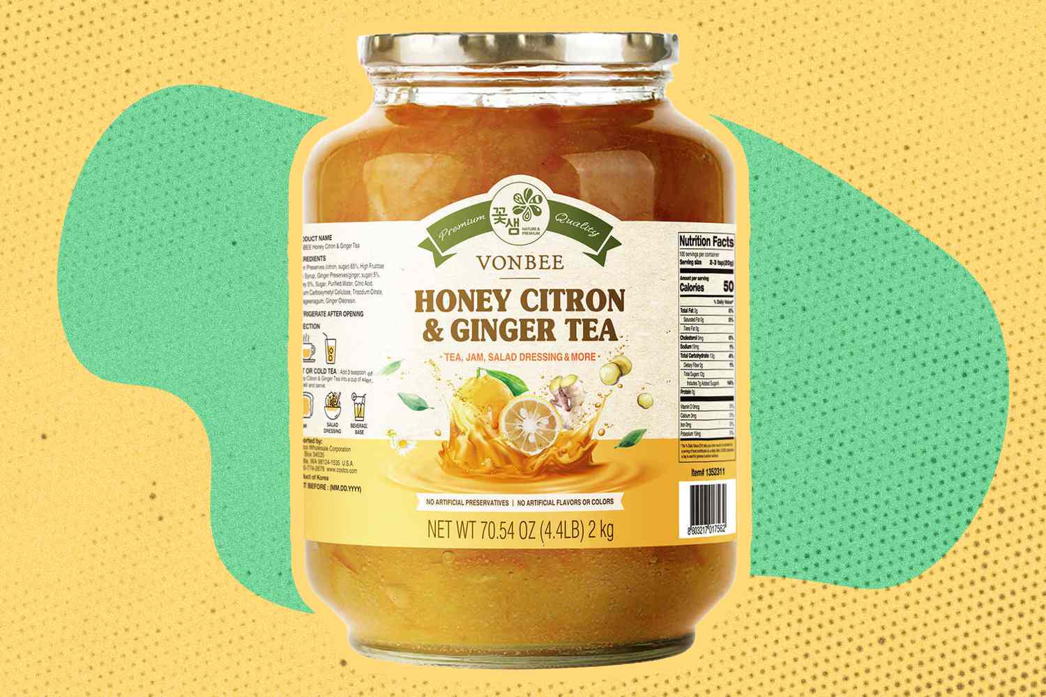 Vonbee Honey Citron & Ginger Tea jar in front of a colorful background