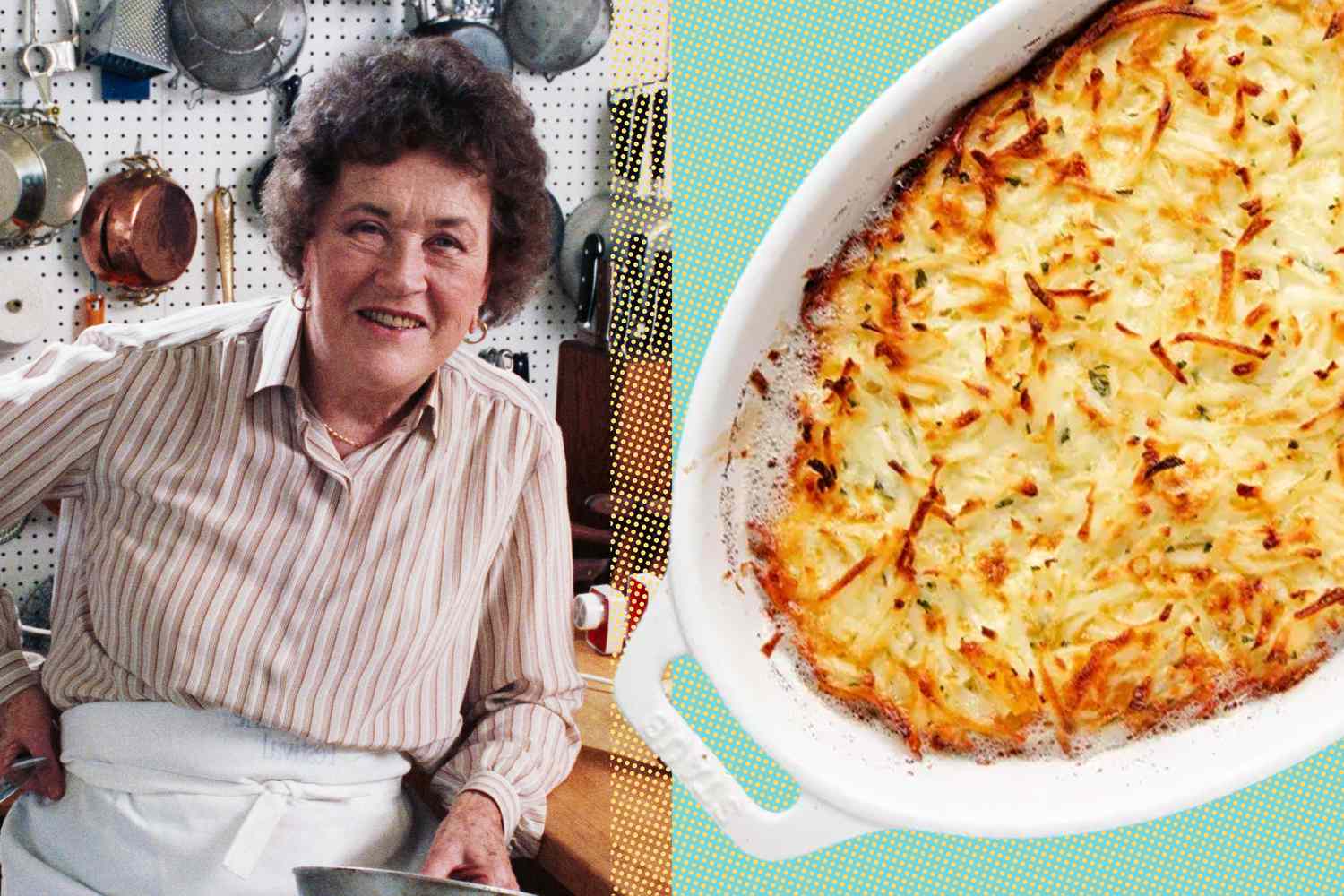 Julia Child in her kitchen next to a photo of a shredded potato gratin in a casserole dish