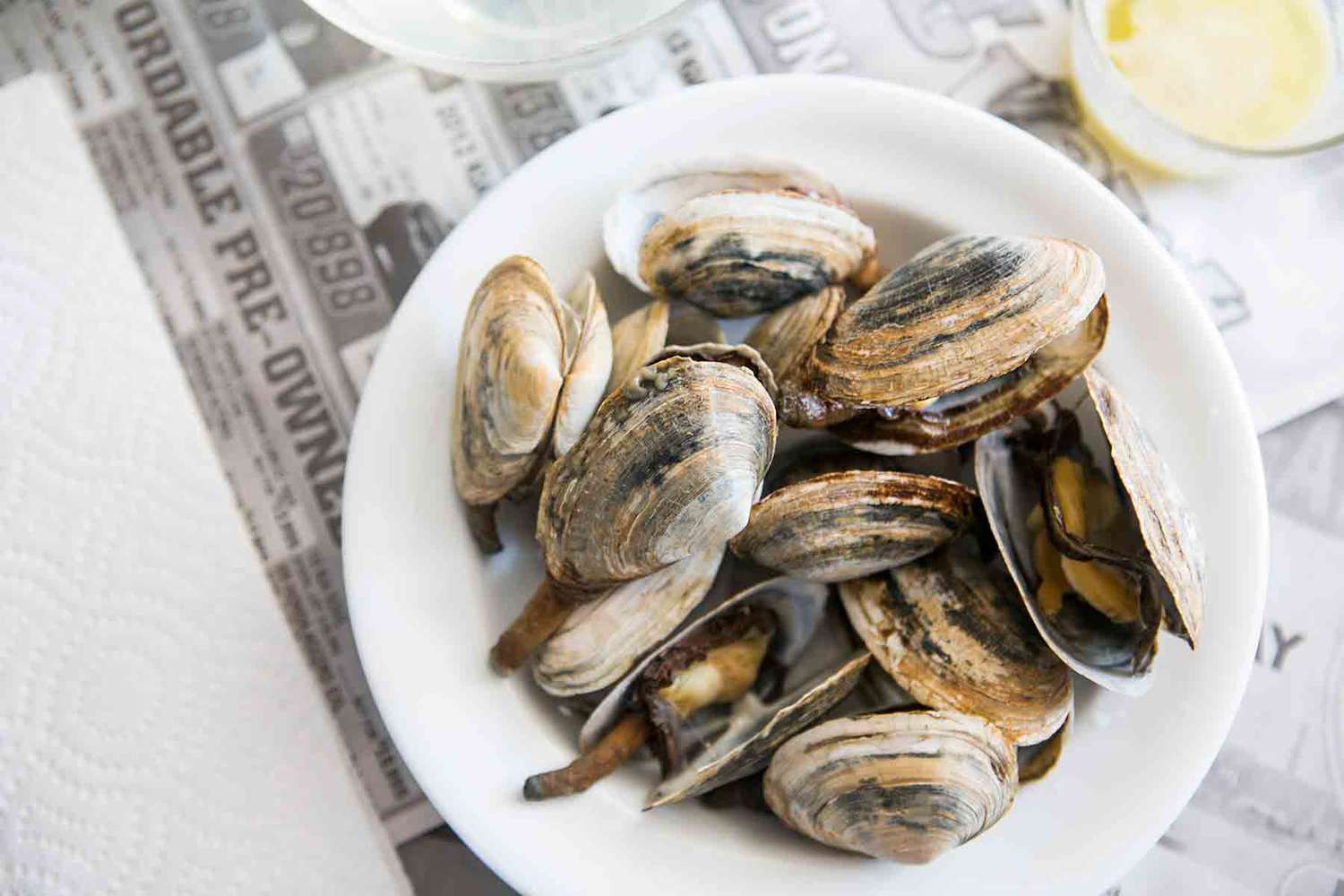New England Steamers, clams in a white bowl