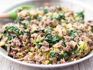 Joe's Special Scrambled Eggs with Spinach, Beef, and Mushrooms