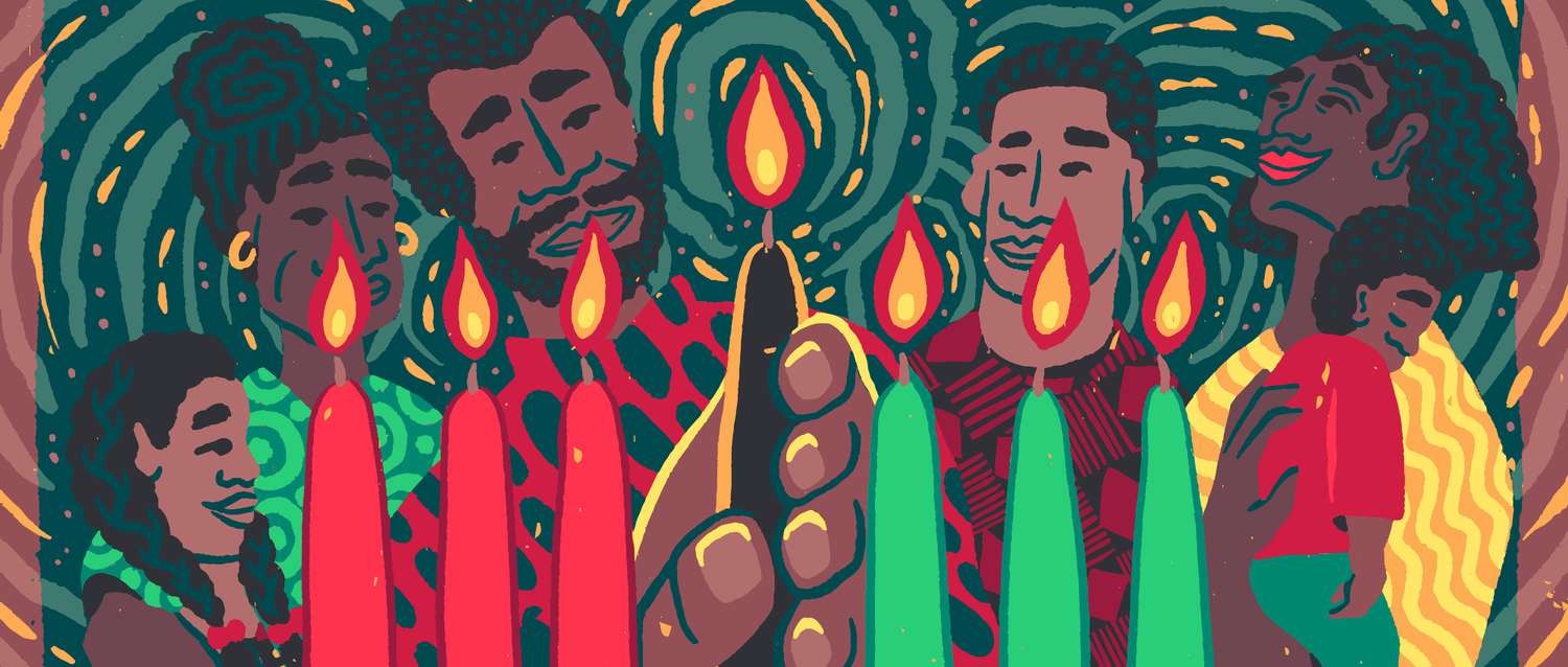 Six Black family members gather around the kinara—a 7-branched candlestick—as the center candle is placed in it
