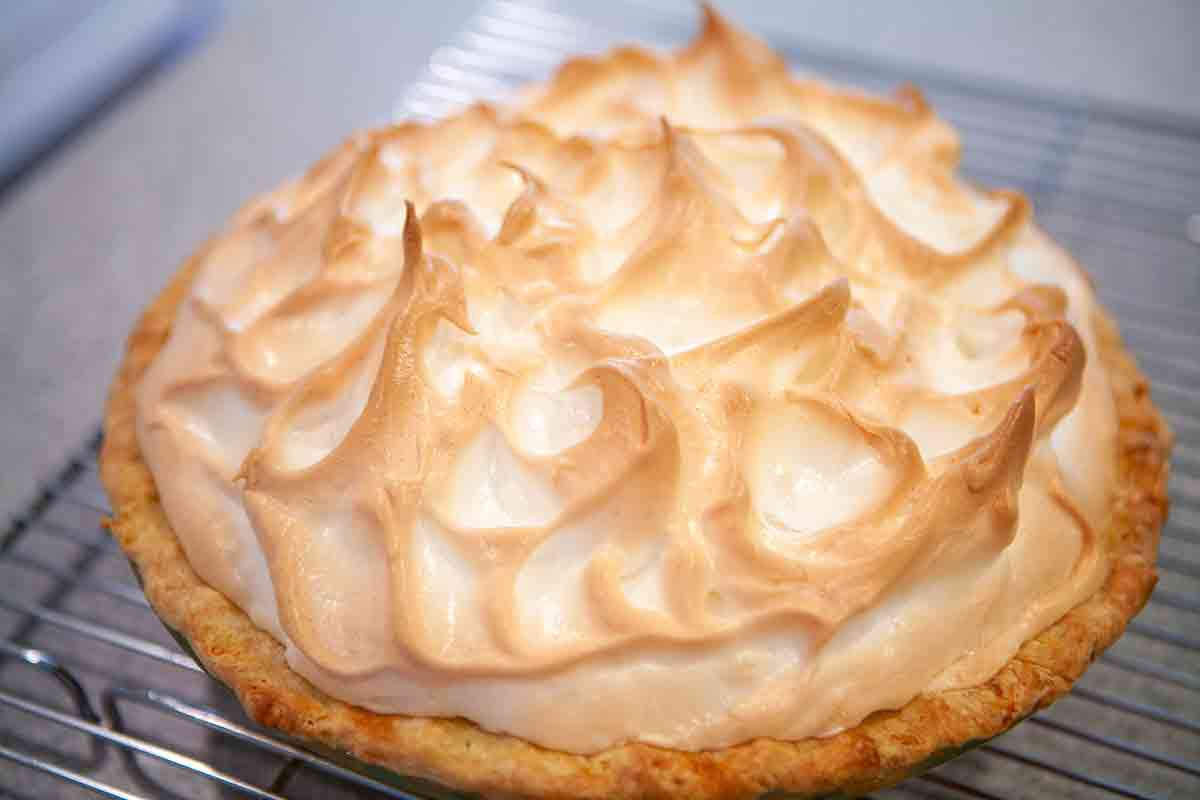 rhubarb meringue pie cooked and out of the oven
