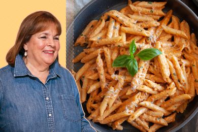Ina Garten's photo over a yellow background next to a photo of a bowl of penne alla vodka