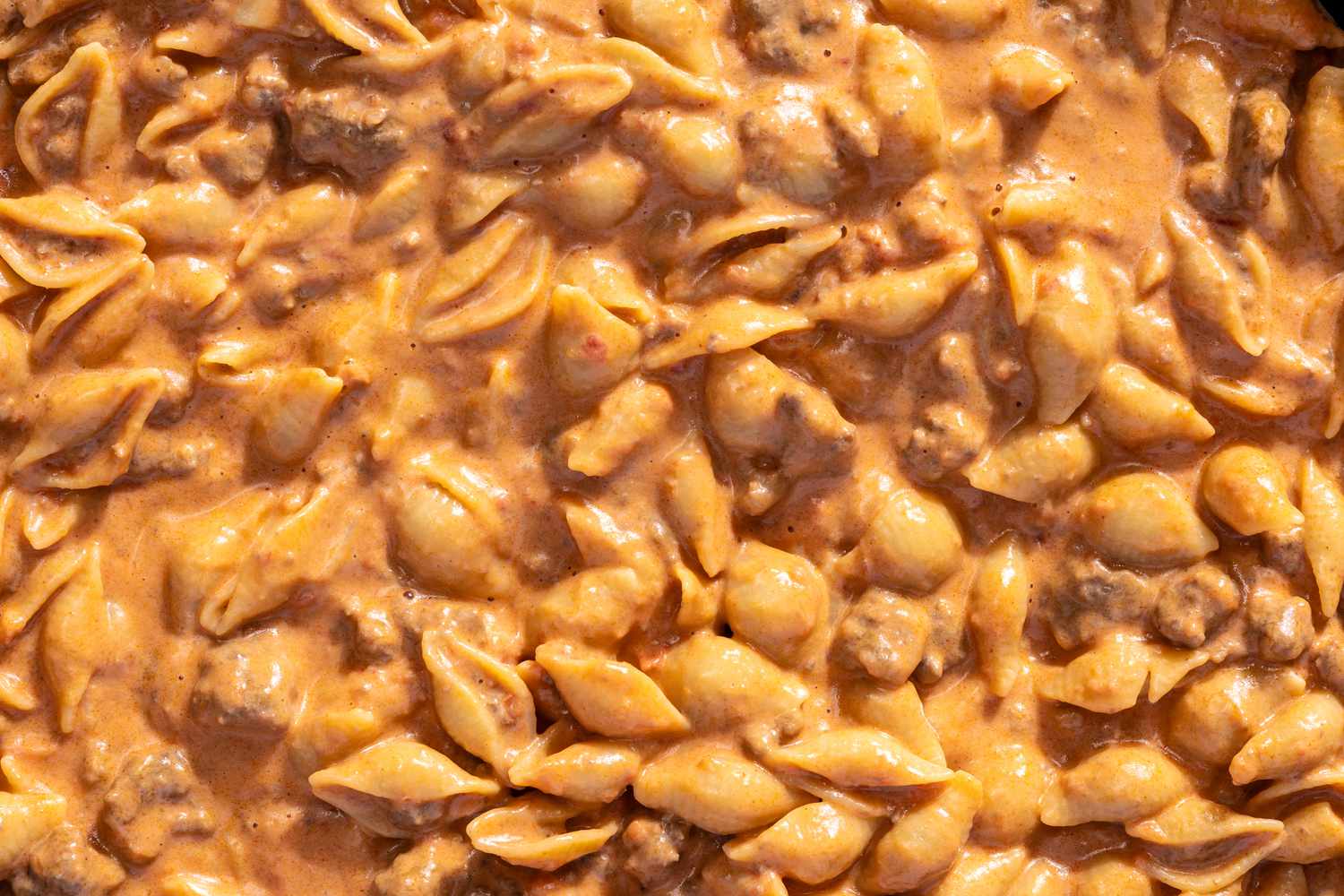 A closeup of Cheesy Hamburger Skillet Recipe pasta