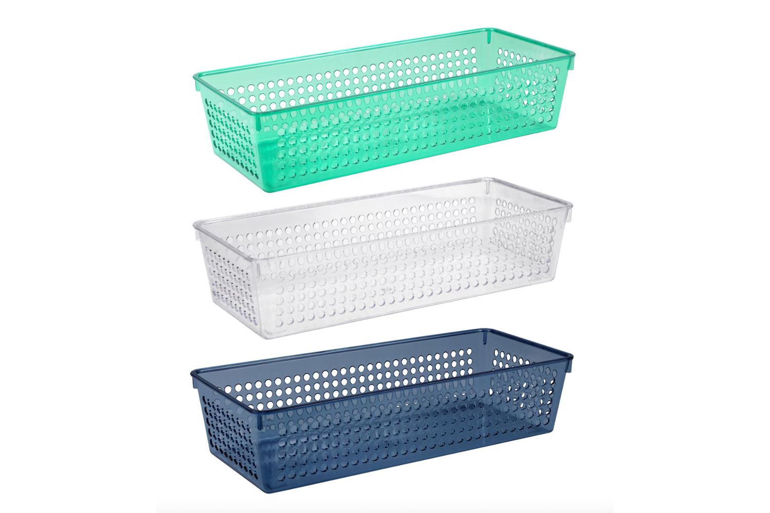 Stacked plastic baskets in three tiers, showing different sizes or colors