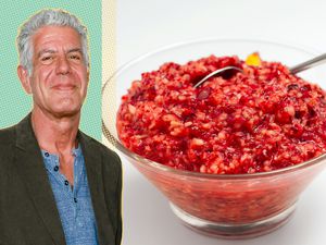 A split image of Anthony Bourdain and a bowl of cranberry relish