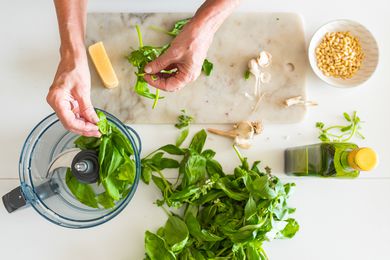 Hands adding basil leaves to a mini food processor with ingredients for pesto