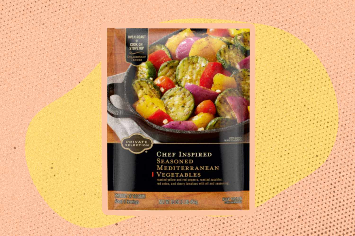 Private Selection grilled seasoned mediterranean vegetables bag on an illustrated background