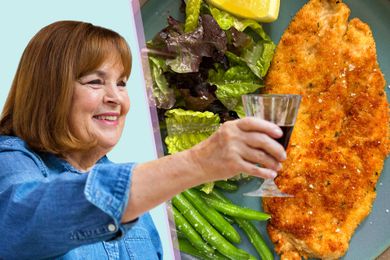 Ina Garten photo cut out over an image of a chicken dish