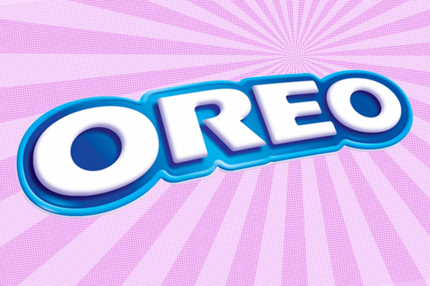 Oreo logo, stylized text on a purple and pink background