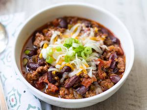 Pressure Cooker Chili with beef in bowl