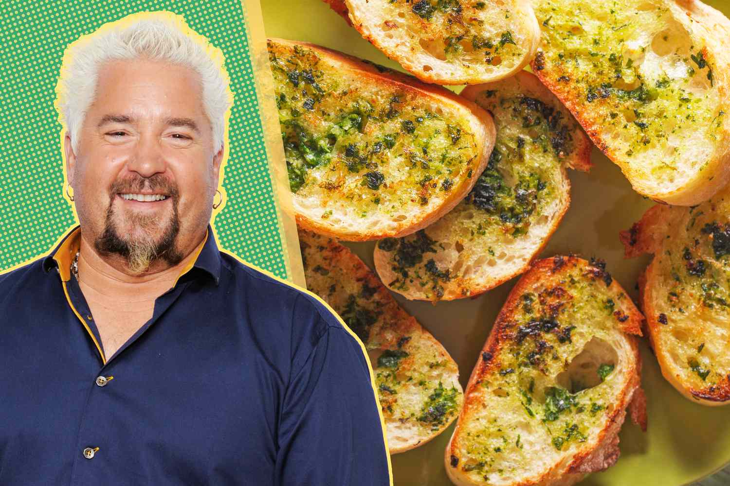 headshot cut out of Guy Fieri over a green and yellow illustrated background next to a photo of garlic bread
