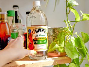 someone grabbing a bottle of Heinz distilled white vinegar