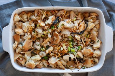 Overhead view of kimchi stuffing in a casserole dish.
