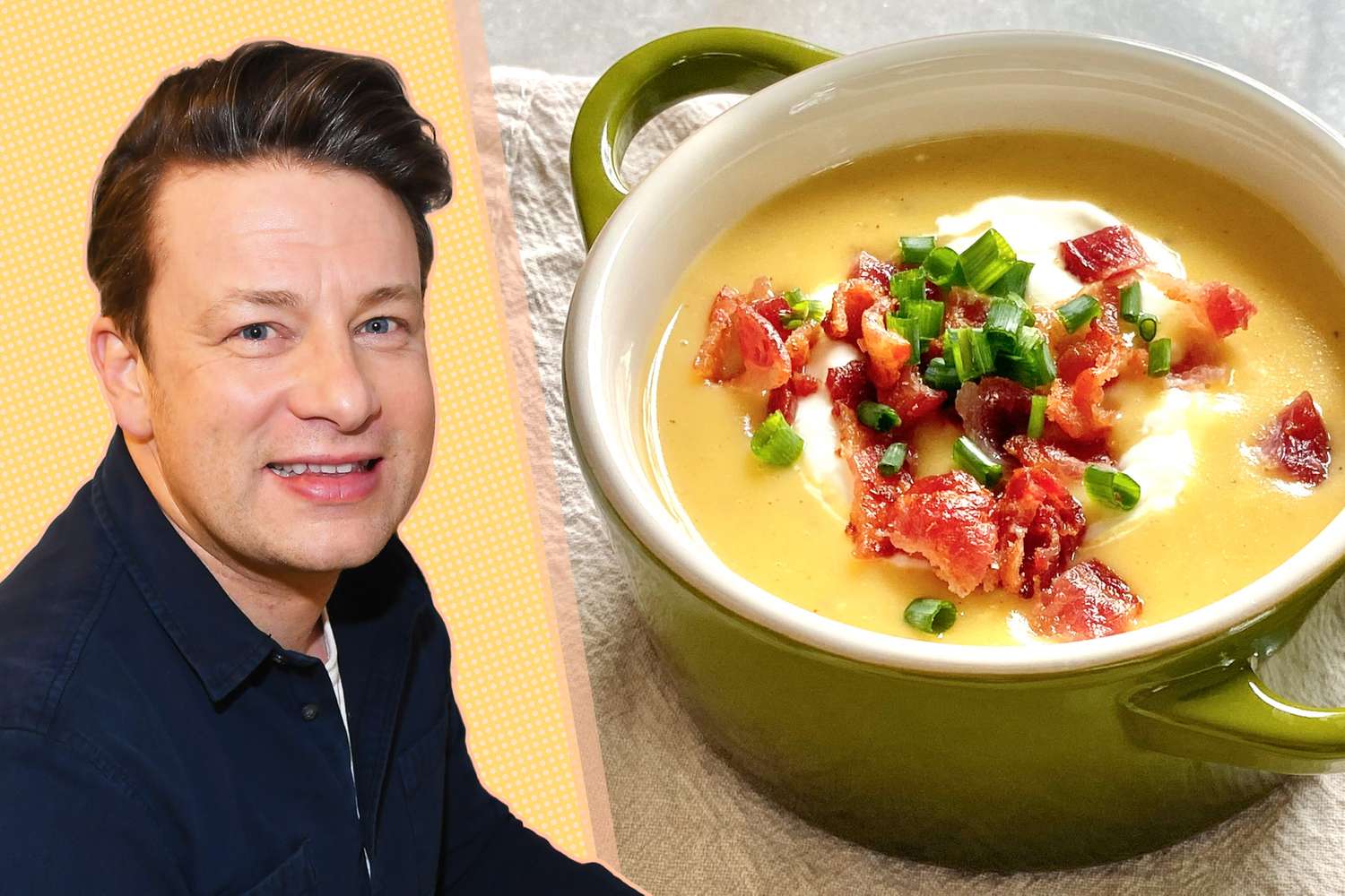 Jamie Oliver next to a small green cocotte of potato soup topped with sour cream, green onion, and bacon